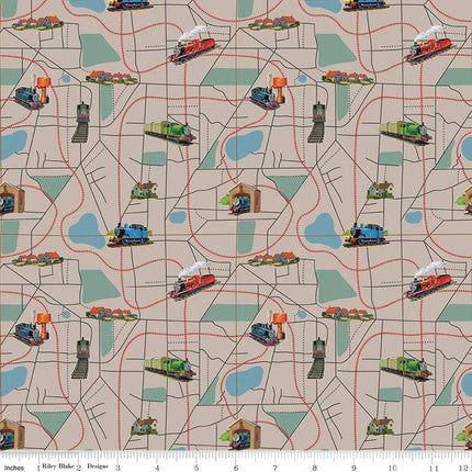 Thomas & Friends™ 80th Anniversary Map Pewter Cotton Fabric