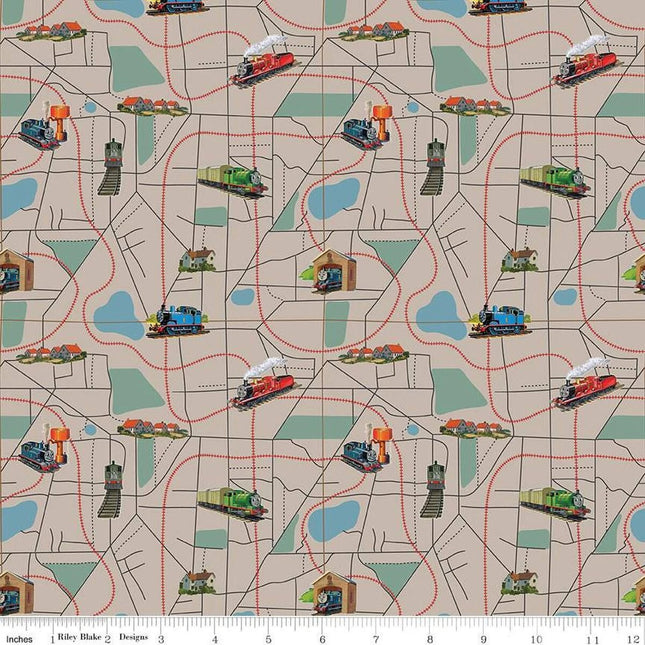 Thomas & Friends™ 80th Anniversary Map Pewter Cotton Fabric