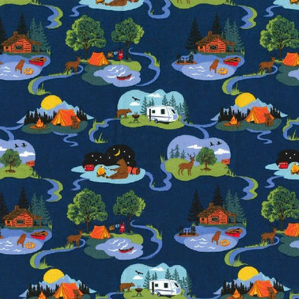 Woodland Camping Cabins Cotton Fabric by the Bolt