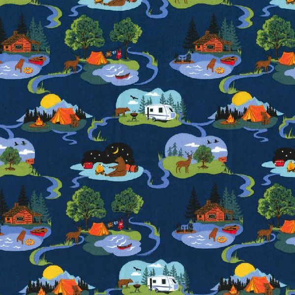 Woodland Camping Cabins Cotton Fabric by the Bolt