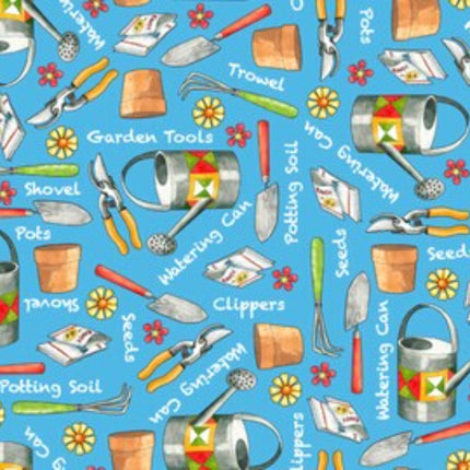 Who Let the Hogs Out Gardening Tools Blue Cotton Fabric