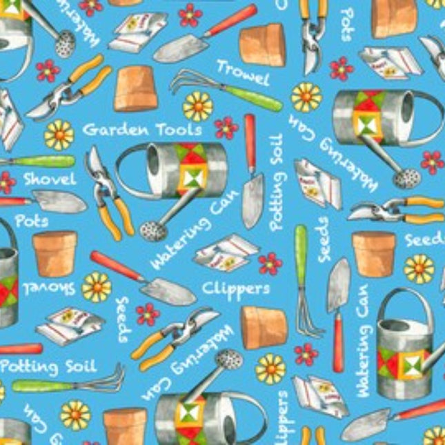 Who Let the Hogs Out Gardening Tools Blue Cotton Fabric