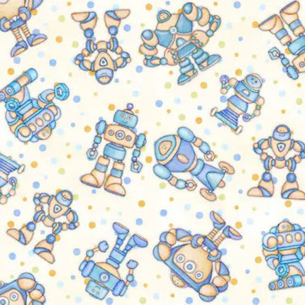 Space Ace Robots White Cotton Fabric