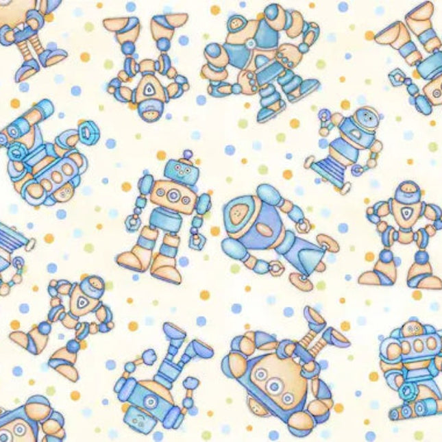 Space Ace Robots White Cotton Fabric