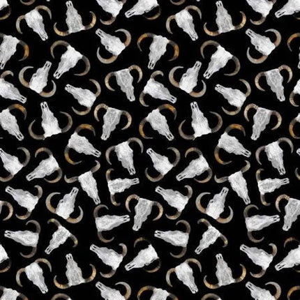 Big Sky Country Bull Skulls Black Cotton Fabric