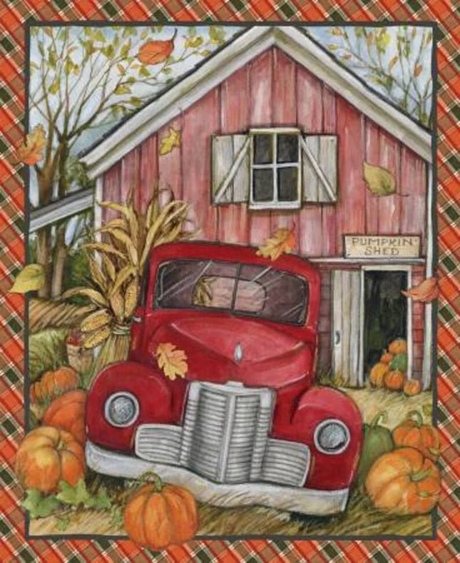 Handmade Tapestry "Red Truck Pumpkin Shed”