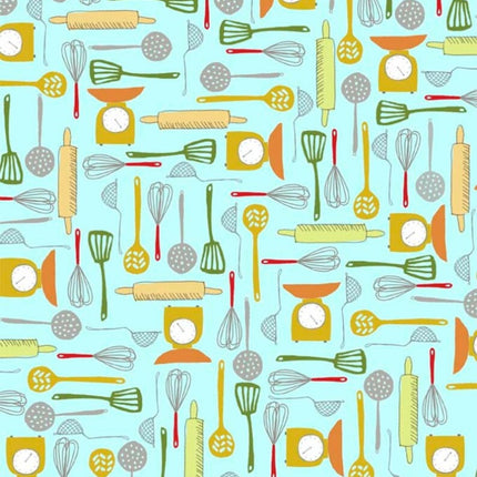 What's Cookin' Utensils Blue Cotton Fabric