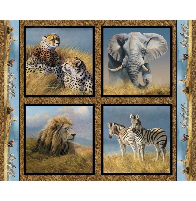Kenyan Plains Safari Wildlife Pillow Panel Cotton Fabric