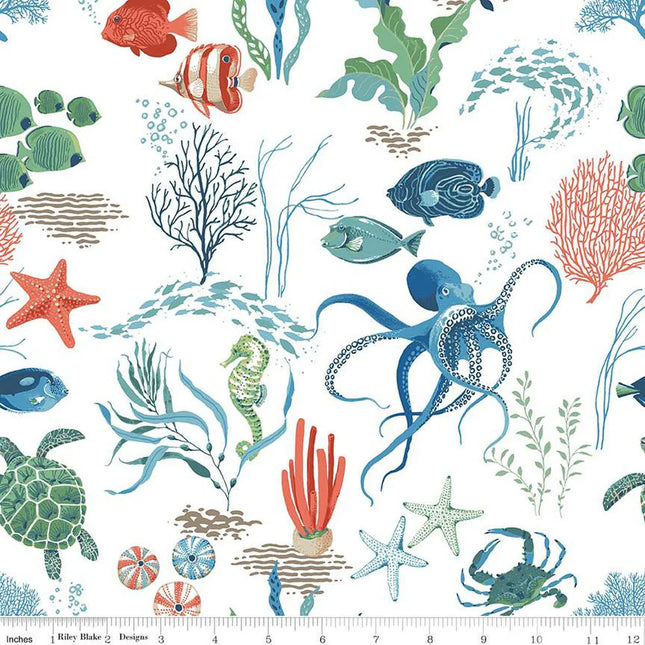 Free as the Ocean Main White Cotton Fabric