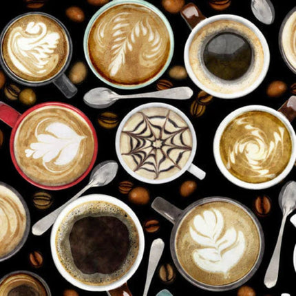 Barista Coffee Mugs on Black Cotton Fabric