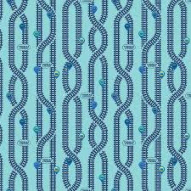 Thomas the Train Full Steam Ahead Key Locations Aqua Cotton Fabric