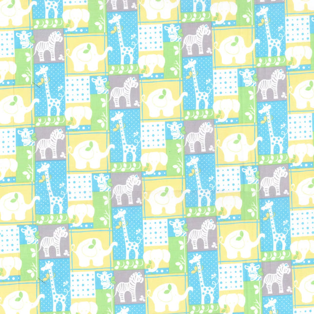 Jungle Animals Patch Blue Cotton Fabric