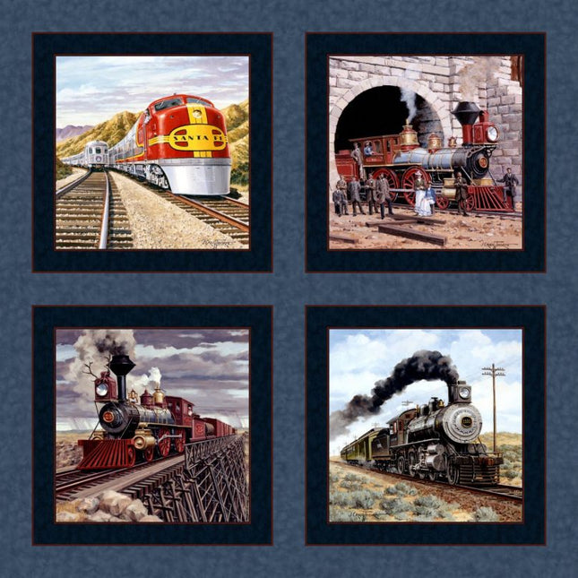 Classic Locomotives 45" Wide Cotton Pillow Panel Fabric