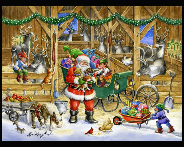 Reindeer Barn Santa Panel Cotton Fabric