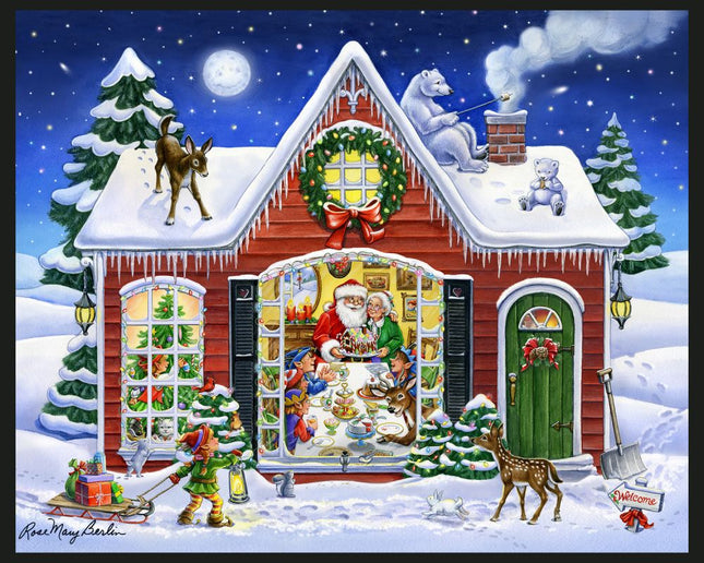 Santa's House Panel Cotton Fabric