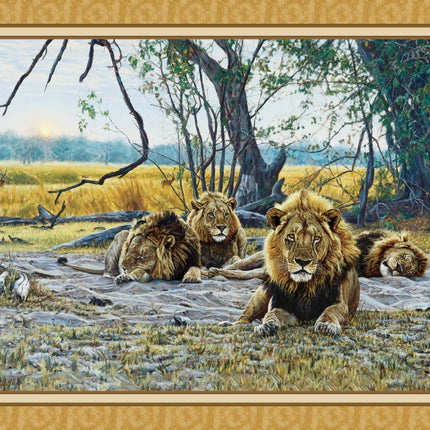 Still Kings Lions Panel Cotton Fabric