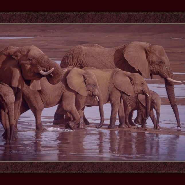 Riverbank Procession Elephants Panel Cotton Fabric