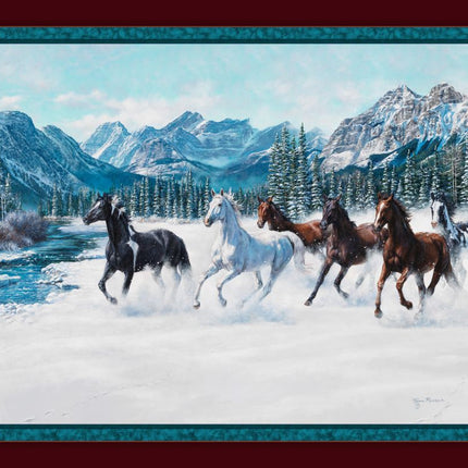 45" Winter Frolic Horse Cotton Panel Fabric
