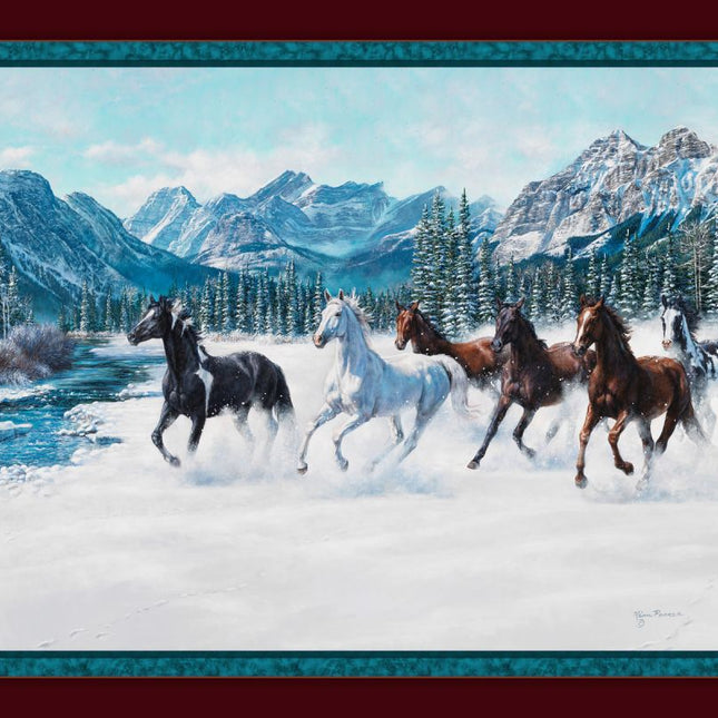 45" Winter Frolic Horse Cotton Panel Fabric