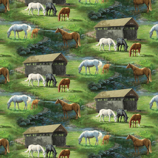 Horse Sweetwater Bridge Scenic Cotton Fabric Curtain