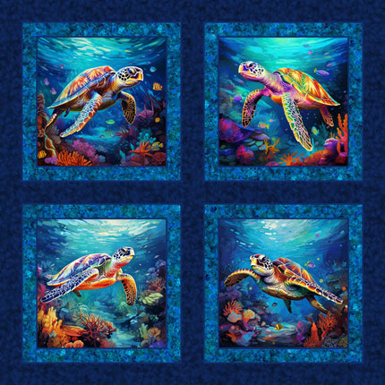 Paddling Sea Turtles Pillow Panel Cotton Fabric