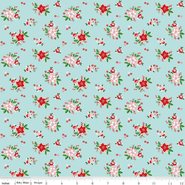 Pixie Noel 2 Poinsettias Aqua Cotton Fabric