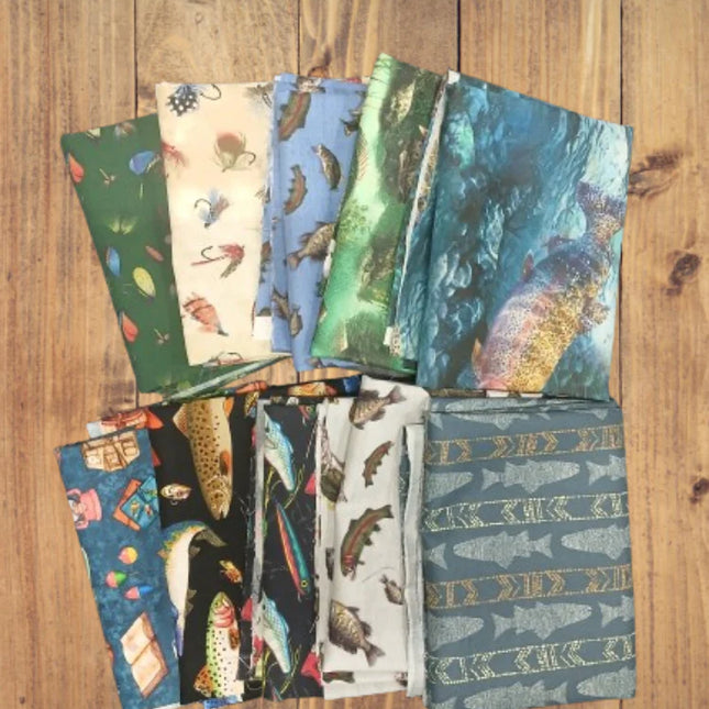Assorted Fishing & Fish Flat Fold Assortment 10 Yard Bundle Cotton Fabric