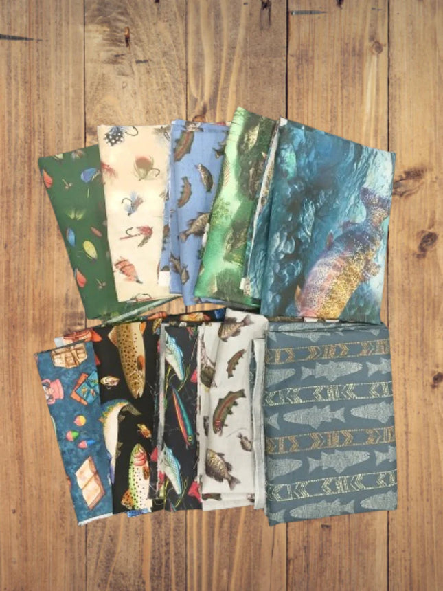 Assorted Fishing & Fish Flat Fold Assortment 10 Yard Bundle Cotton Fabric