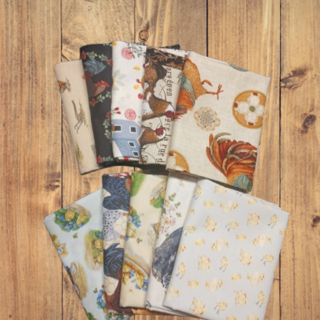 Assorted Chickens and Roosters Flat Fold Assortment 10 Yard Bundle Cotton Fabric