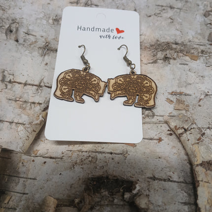 Handmade with Love - Natural Wood Bear Medallion Earrings