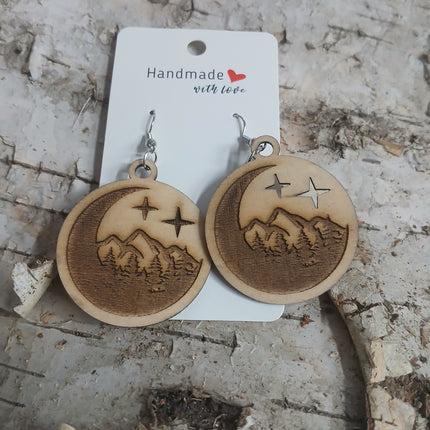 Handmade with Love - Natural Wood Crescent Moon Mountain Earrings