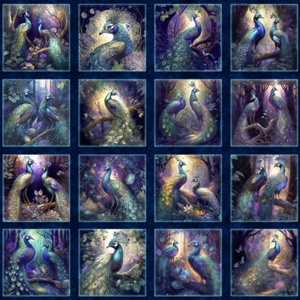 Resplendent Peacock Picture Patches Navy Cotton Fabric