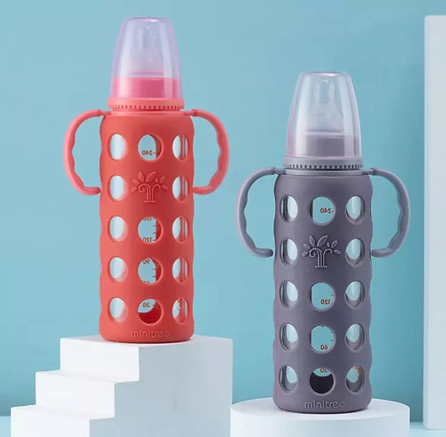 MiniTree Glass Baby Bottle 8oz w/ Food Grade Silicone Cover - Purple
