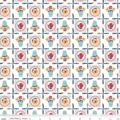 Cook Book Plates Coral Cotton Fabric