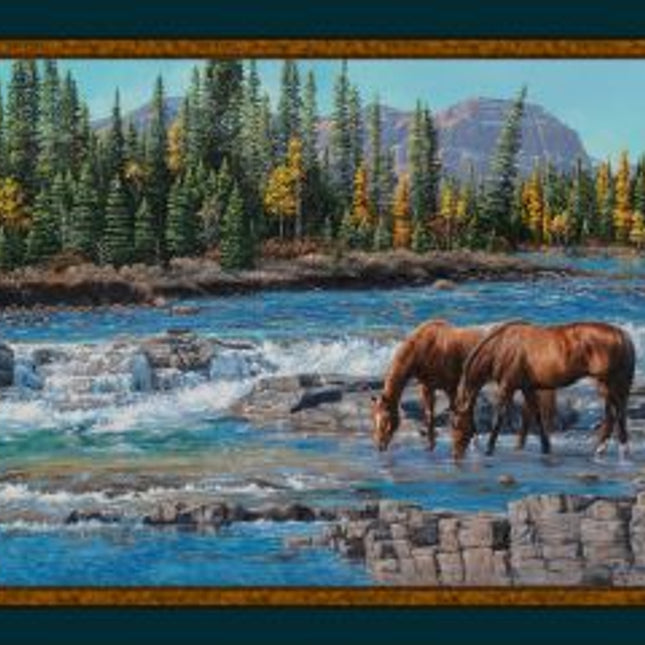 On the Rocks Horses Panel Cotton Fabric