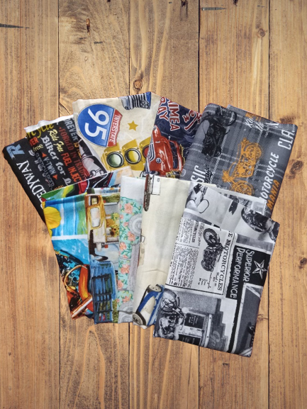 10 Fat Quarters - Assorted Classic Cars, Trucks, Motorcycle Fat Quarter Bundle