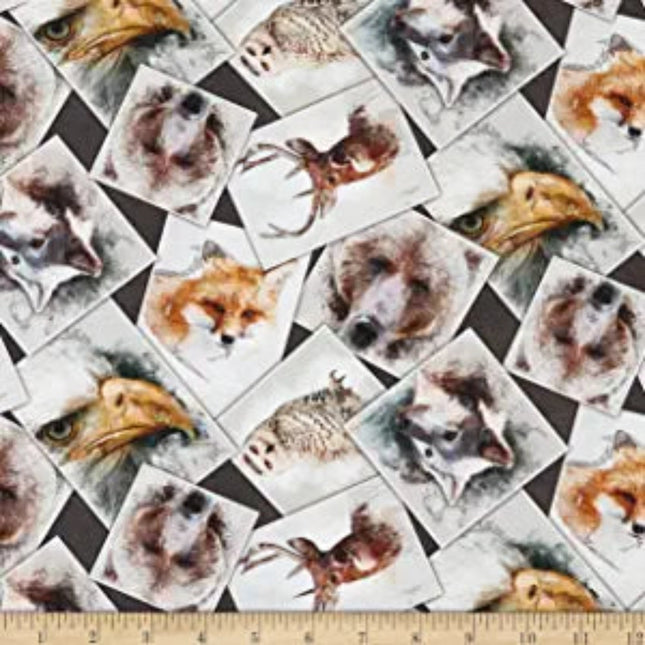 Wildlife Nature's Window Charcoal Collage Cotton Fabric