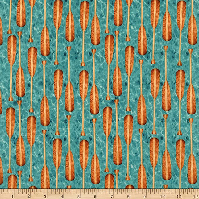 Dockside Canoe Paddles Aqua Cotton Fabric