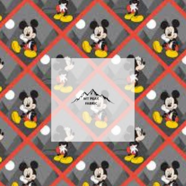 Great for any fan of the classic Disney Mickey . This 100% cotton fabric is perfect for quilting, apparel, and many other sewing or crafting projects. This print features Mickey in a red lined diamond on a grey background. Sold by the yard and half yard increments.