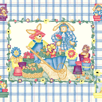 45" Garden Bear Baby Blue Panel Cotton Fabric