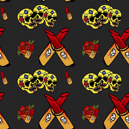 Skull Lipstick Allover Yellow Cotton Fabric