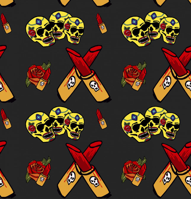 Skull Lipstick Allover Yellow Cotton Fabric