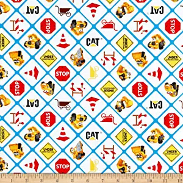 CAT Buildin' Crew Signs White Cotton Fabric