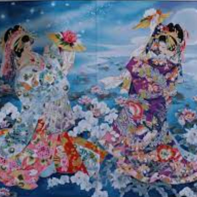 36" X 44" Panel Asian Ladies Japanese Women Kimonos Water Lilies Blue Cotton Fabric Panel