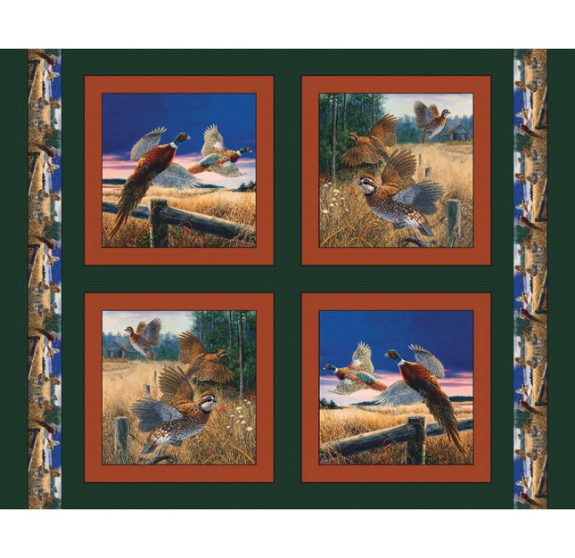 Beautiful Pheasants Green Pillow Panel Digital Cotton Fabric