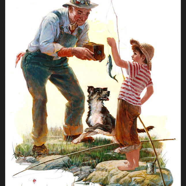 Fishing "Taking Picture of First Fish" Panel Cotton Fabric