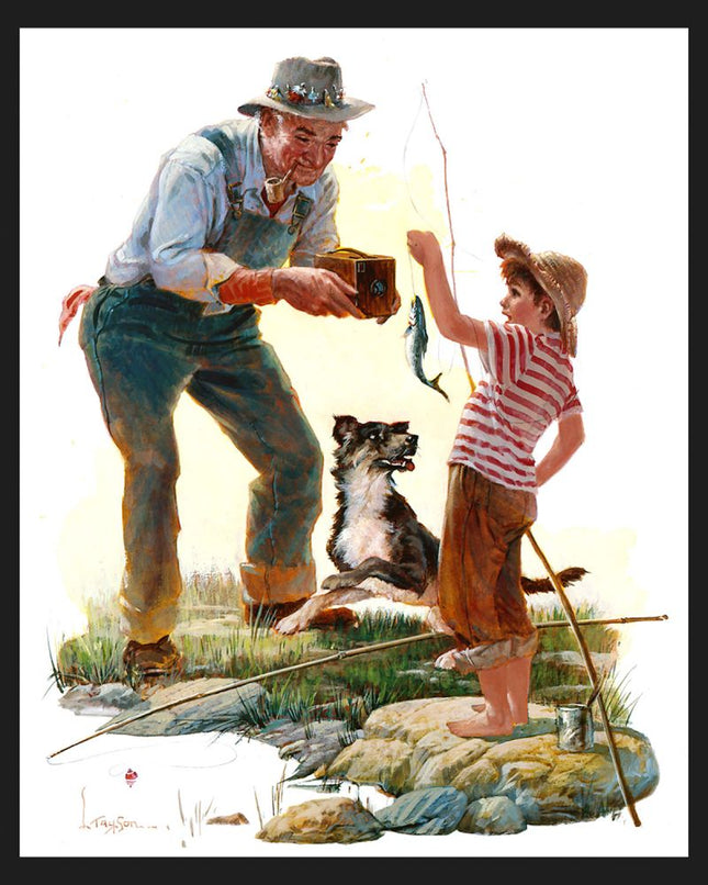 Fishing "Taking Picture of First Fish" Panel Cotton Fabric